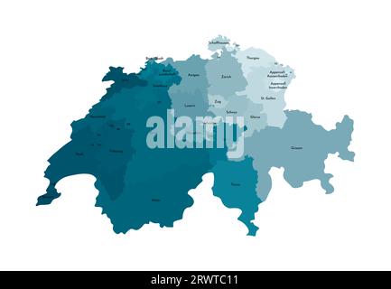 Vektorisolierte Darstellung einer vereinfachten Verwaltungskarte der Schweiz. Grenzen und Namen der Regionen. Farbenfrohe, khakifarbene Silhouetten. Stock Vektor