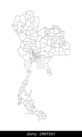 Vektorisolierte Darstellung einer vereinfachten Verwaltungskarte Thailands. Grenzen und Namen der Regionen. Silhouetten mit schwarzen Linien. Stock Vektor