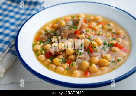 Gedünstete Kichererbsen mit Schweinefüßen. Traditionelles Rezept aus Nordspanien. Stockfoto