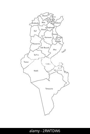 Vektorisolierte Darstellung einer vereinfachten Verwaltungskarte Tunesiens. Grenzen und Namen der Gouvernements (Regionen). Silhouetten mit schwarzen Linien. Stock Vektor