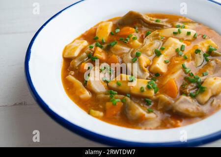 Tintenfischstreifen, gedünstet mit Kartoffeln, Gemüse und Brühe. Stockfoto