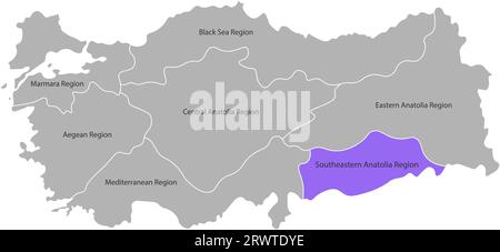 Vektor-isolierte vereinfachte Karte der Türkei-Regionen. Markierte Region Südost-Anatolien. Grenzen und Namen der Verwaltungsabteilungen. Graue Silhouetten Stock Vektor