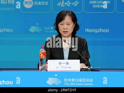 Hangzhou, chinesische Provinz Zhejiang. September 2023. Li Yiqing, Sprecher des Hangzhou Asian Games Opening and Closing Ceremonies Operations Centre, spricht auf einer Pressekonferenz über die Vorbereitungen für die Eröffnungszeremonie der Hangzhou Asian Games in Hangzhou, Ostchinesische Provinz Zhejiang, 21. September 2023. Quelle: Li Yibo/Xinhua/Alamy Live News Stockfoto