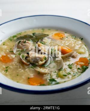 Nudelsuppe mit Venusmuscheln und Karotten und anderem Gemüse der Saison. Stockfoto