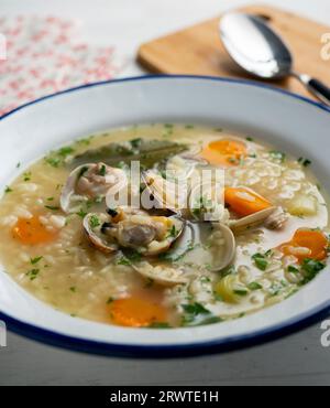 Nudelsuppe mit Venusmuscheln und Karotten und anderem Gemüse der Saison. Stockfoto