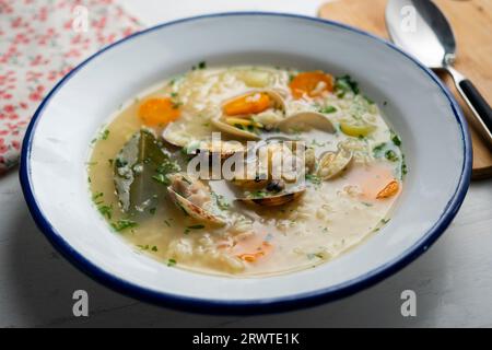 Nudelsuppe mit Venusmuscheln und Karotten und anderem Gemüse der Saison. Stockfoto