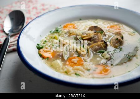 Nudelsuppe mit Venusmuscheln und Karotten und anderem Gemüse der Saison. Stockfoto