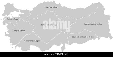 Vektor-isolierte vereinfachte Karte der Türkei-Regionen. Grenzen und Namen der Verwaltungsabteilungen. Graue Silhouetten, weißer Hintergrund Stock Vektor