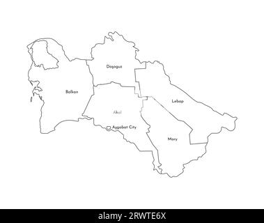 Vektorisolierte Darstellung einer vereinfachten Verwaltungskarte Turkmenistans. Grenzen und Namen der Bezirke (Regionen). Silhouetten mit schwarzen Linien. Stock Vektor