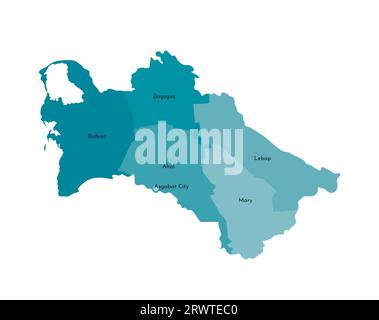 Vektorisolierte Darstellung einer vereinfachten Verwaltungskarte Turkmenistans. Grenzen und Namen der Bezirke (Regionen). Buntes blaues Khaki-Silh Stock Vektor