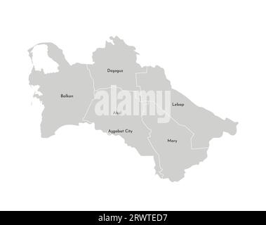 Vektorisolierte Darstellung einer vereinfachten Verwaltungskarte Turkmenistans. Grenzen und Namen der Bezirke (Regionen). Graue Silhouetten. Weiß o Stock Vektor