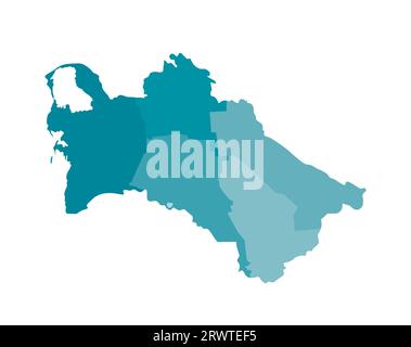 Vektorisolierte Darstellung einer vereinfachten Verwaltungskarte Turkmenistans. Grenzen der Bezirke (Regionen). Farbenfrohe, khakifarbene Silhouetten. Stock Vektor