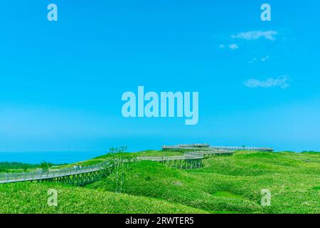 Erhöhter hölzerner Gehweg der Shiretoko Goko Seen Stockfoto