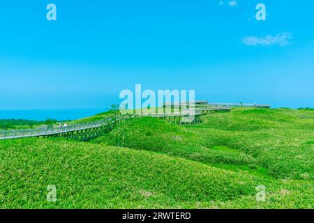 Erhöhter hölzerner Gehweg der Shiretoko Goko Seen Stockfoto