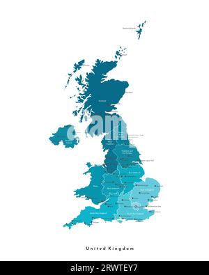 Vector moderne isolierte Illustration. Vereinfachte Verwaltungskarte des Vereinigten Königreichs Großbritannien und Nordirland (UK). Blaue Formen. Namen von Stock Vektor