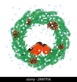 Weihnachtskranz mit roten Vögeln und Schneeflocken isoliert auf weißem Hintergrund. Grüne Kiefer, Tannenzweige, Schnee, Kegel und zwei Bullfinch. Vektorillustration Stock Vektor