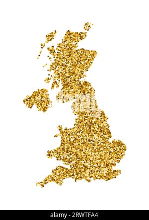 Vektor-isolierte Illustration mit vereinfachter Karte des Vereinigten Königreichs Großbritannien und Nordirland. Verziert mit glänzender goldener Glitzerstruktur. Ch Stock Vektor