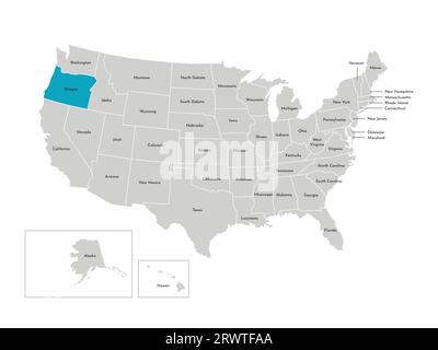 Vektor-isolierte Illustration einer vereinfachten Verwaltungskarte der USA. Grenzen der staaten mit Namen. Blaue Silhouette von Oregon (Bundesstaat). Stock Vektor