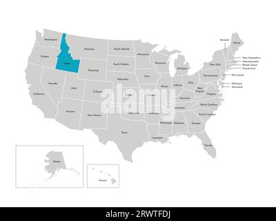 Vektor-isolierte Illustration einer vereinfachten Verwaltungskarte der USA. Grenzen der staaten mit Namen. Blaue Silhouette von Idaho (Staat). Stock Vektor