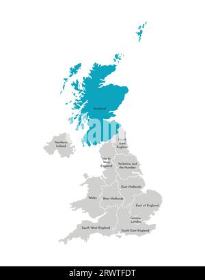 Vektor-isolierte Illustration einer vereinfachten Verwaltungskarte des Vereinigten Königreichs (UK). Blaue Form Schottlands. Grenzen und Namen der Regionen. Gr Stock Vektor