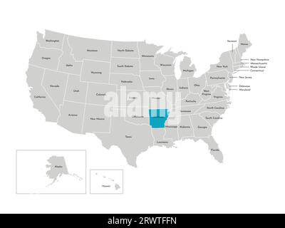 Vektor-isolierte Illustration einer vereinfachten Verwaltungskarte der USA. Grenzen der staaten mit Namen. Blaue Silhouette von Arkansas (Bundesstaat). Stock Vektor