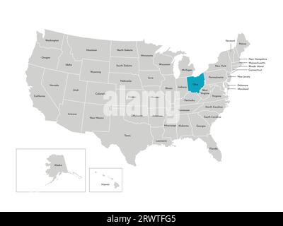 Vektor-isolierte Illustration einer vereinfachten Verwaltungskarte der USA. Grenzen der staaten mit Namen. Blaue Silhouette von Ohio (Bundesstaat). Stock Vektor