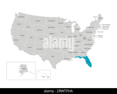Vektor-isolierte Illustration einer vereinfachten Verwaltungskarte der USA. Grenzen der staaten mit Namen. Blaue Silhouette von Florida (Bundesstaat). Stock Vektor