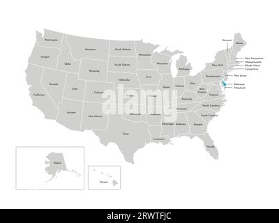 Vektor-isolierte Illustration einer vereinfachten Verwaltungskarte der USA. Grenzen der staaten mit Namen. Blaue Silhouette von Delaware (Staat). Stock Vektor