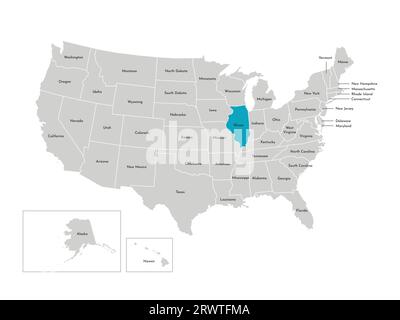 Vektor-isolierte Illustration einer vereinfachten Verwaltungskarte der USA. Grenzen der staaten mit Namen. Blaue Silhouette von Illinois (Bundesstaat). Stock Vektor