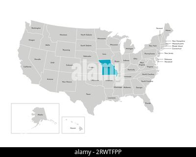 Vektor-isolierte Illustration einer vereinfachten Verwaltungskarte der USA. Grenzen der staaten mit Namen. Blaue Silhouette von Missouri (Bundesstaat). Stock Vektor