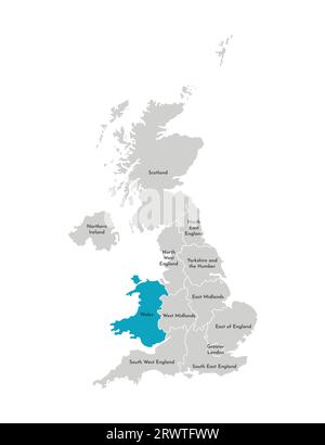 Vektor-isolierte Illustration einer vereinfachten Verwaltungskarte des Vereinigten Königreichs (UK). Blaue Form von Wales. Grenzen und Namen der Regionen. Grau Stock Vektor