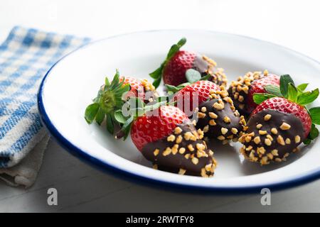 Erdbeeren in dunkle Schokolade getaucht und mit gerösteten Mandeln überzogen. Stockfoto