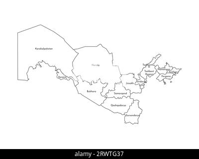 Vektor-isolierte Illustration der vereinfachten Verwaltungskarte Usbekistans. Grenzen und Namen der Regionen. Silhouetten mit schwarzen Linien. Stock Vektor