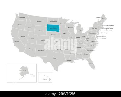 Vektor-isolierte Illustration einer vereinfachten Verwaltungskarte der USA. Grenzen der staaten mit Namen. Blaue Silhouette von South Dakota (Bundesstaat). Stock Vektor