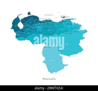 Vektor-isolierte Abbildung. Vereinfachte Verwaltungskarte Venezuelas. Blaue Formen, weißer Hintergrund und Konturen. Namen venezolanischer Städte und Städte Stock Vektor