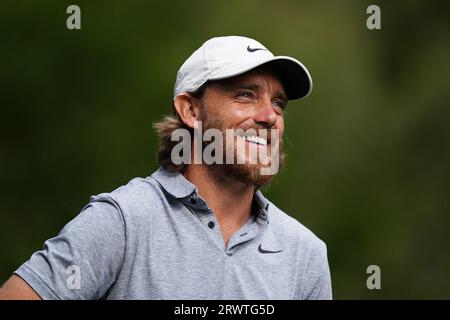 Aktenfoto vom 15.09.2023 von Tommy Fleetwood, der 2018 sein Debüt gab und Francesco Molinari vier Siege brachte, drei davon gegen ein amerikanisches Paar mit Tiger Woods. In den Singles ging der Dampf aus und Tony Finau hat 6&4 geschlagen. Ohne Molinari verlor er ein Spiel und halbierte zwei seiner Spiele in Wisconsin. Ausgabedatum: Donnerstag, 21. September 2023. Stockfoto