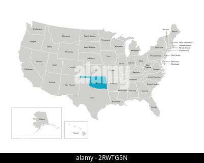 Vektor-isolierte Illustration einer vereinfachten Verwaltungskarte der USA. Grenzen der staaten mit Namen. Blaue Silhouette von Oklahoma (Staat). Stock Vektor