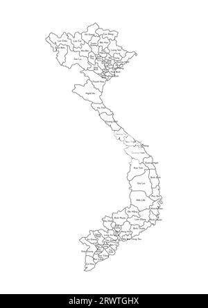 Vektorisolierte Darstellung einer vereinfachten Verwaltungskarte Vietnams. Grenzen und Namen der Regionen. Silhouetten mit schwarzen Linien. Stock Vektor