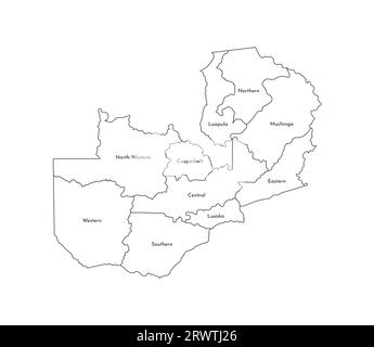 Vektor-isolierte Illustration einer vereinfachten Verwaltungskarte Sambias. Grenzen und Namen der Provinzen (Regionen). Silhouetten mit schwarzen Linien. Stock Vektor