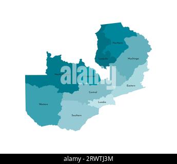 Vektor-isolierte Illustration einer vereinfachten Verwaltungskarte Sambias. Grenzen und Namen der Provinzen (Regionen). Farbenfrohe, khakifarbene Silhouetten Stock Vektor