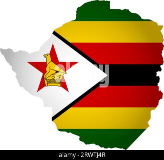 Illustration mit Nationalflagge mit vereinfachter Form der Zimbabwe-Karte (jpg). Volume Shadow auf der Karte Stock Vektor