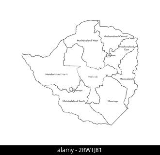 Vektor-isolierte Illustration der vereinfachten Verwaltungskarte Simbabwes. Grenzen und Namen der Provinzen (Regionen). Silhouetten mit schwarzen Linien. Stock Vektor