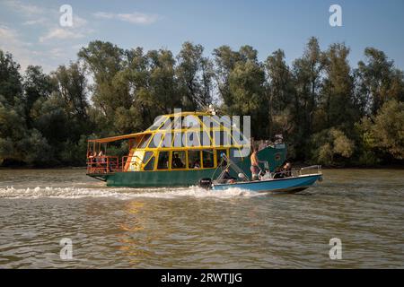 Ein Schnellboot, das ein Touristenboot namens Schildkröte (Kornjača) überholt, das die Donau in der Nähe von Belgrad, Serbien, entlangfährt Stockfoto