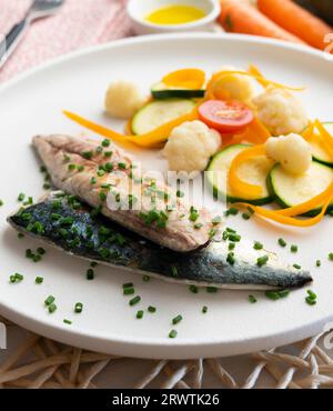 Gedämpfte Makrele mit Blumenkohl und anderem Gemüse der Saison. Stockfoto