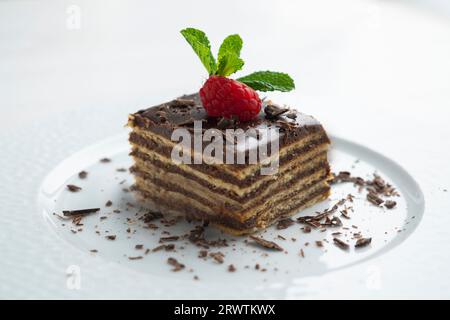 Schokoladenkuchen mit dünnen Keksschichten. Stockfoto