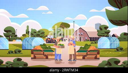 Bauern halten Korb voll mit frischem Gemüse Happy Labor Day Celebration Konzept horizontal Stock Vektor