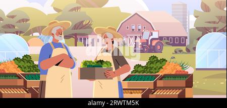 Bauern halten Korb voll mit frischem Gemüse Happy Labor Day Celebration Konzept horizontales Porträt Stock Vektor