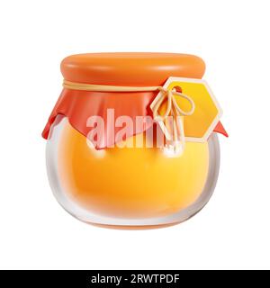 Glas mit Honig, Stoffkappe und Wabenetikett. 3D-Rendering-Illustration des Bienenprodukts Stockfoto