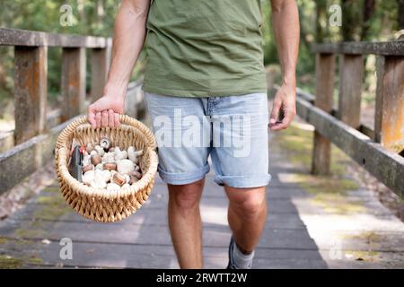 Kurzansicht eines Mannes, der einen Korb mit wilden Pilzen trägt Stockfoto