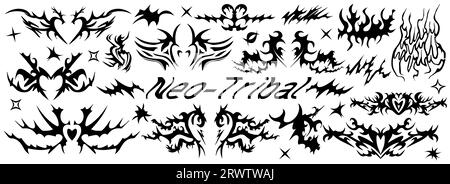 Y2K Neo Stammesformen Set. Abstrakte ethnische Formen im Gothic-Stil. Moderne Cyber-Elemente für das Tattoo-Design. Vektorillustration Stock Vektor